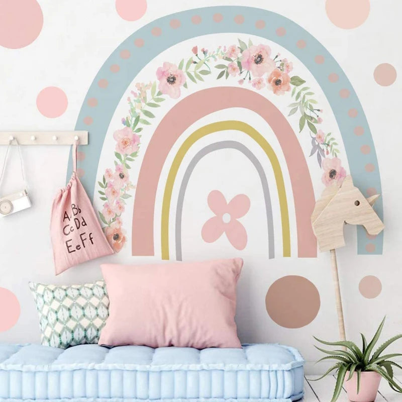 Boho Large Rainbow Beige Pink Watercolor Wall Sticker Vinyl DIY Removable Wall Decals Nursery Girls Room Playroom Home Decor Flowers Clouds Butterflies Hearts