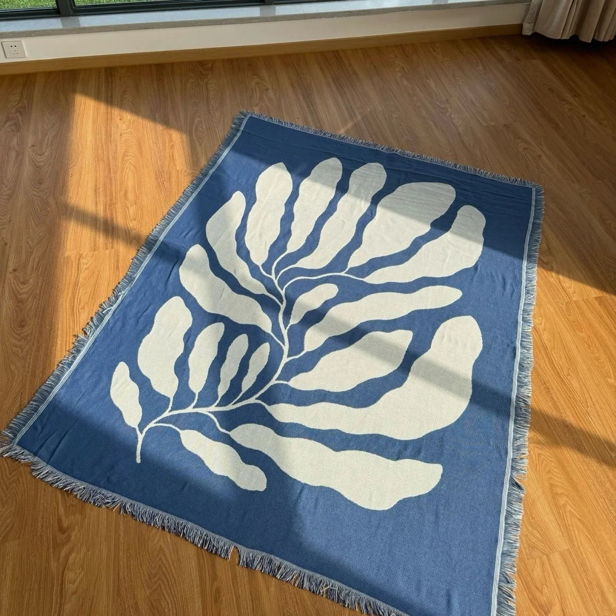 🌿 Blue Leaf Embroidered Throw Blanket – Boho Home Decor with Tassels | Sofa Blanket, Tapestry, Wall Hanging & Housewarming Gift