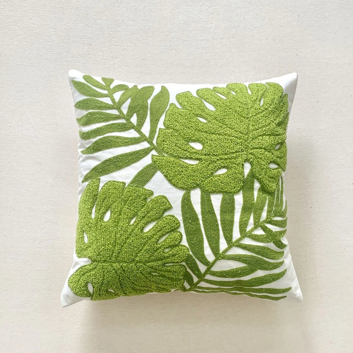 🌿 Green Leaf & Sunflower Embroidered Pillow Cover – 18 x 18 inches Boho Modern Cushion Cover for Sofa, Chair, or Car