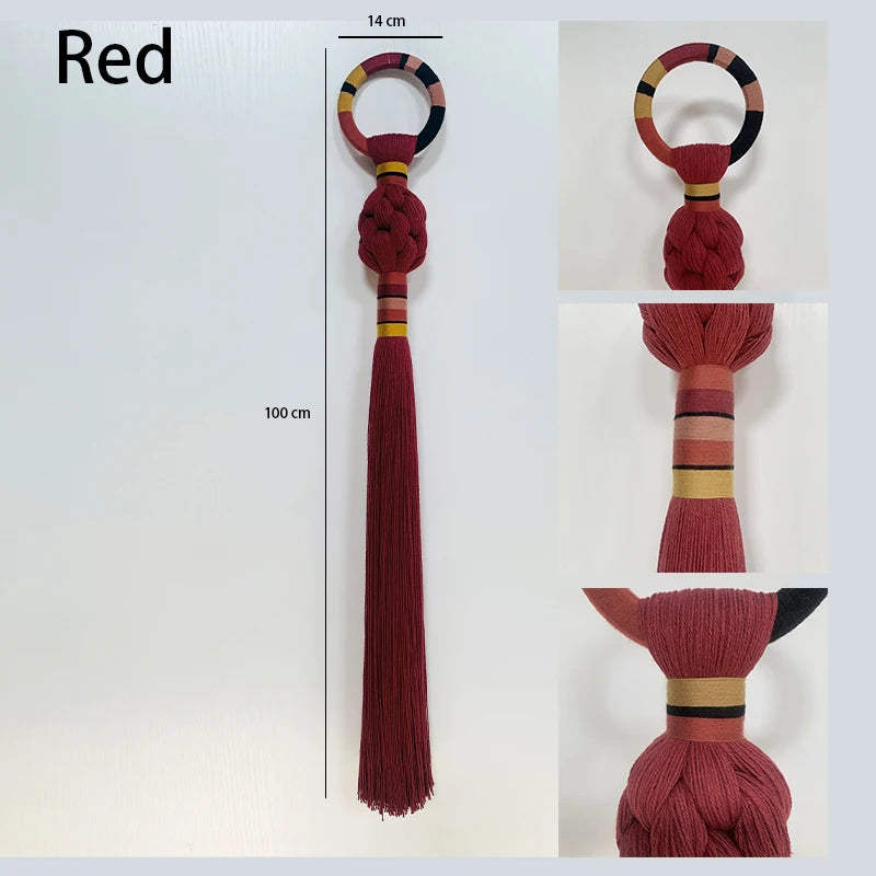 Red decorative item with a measurement scale on a white background. boho macrame wall art