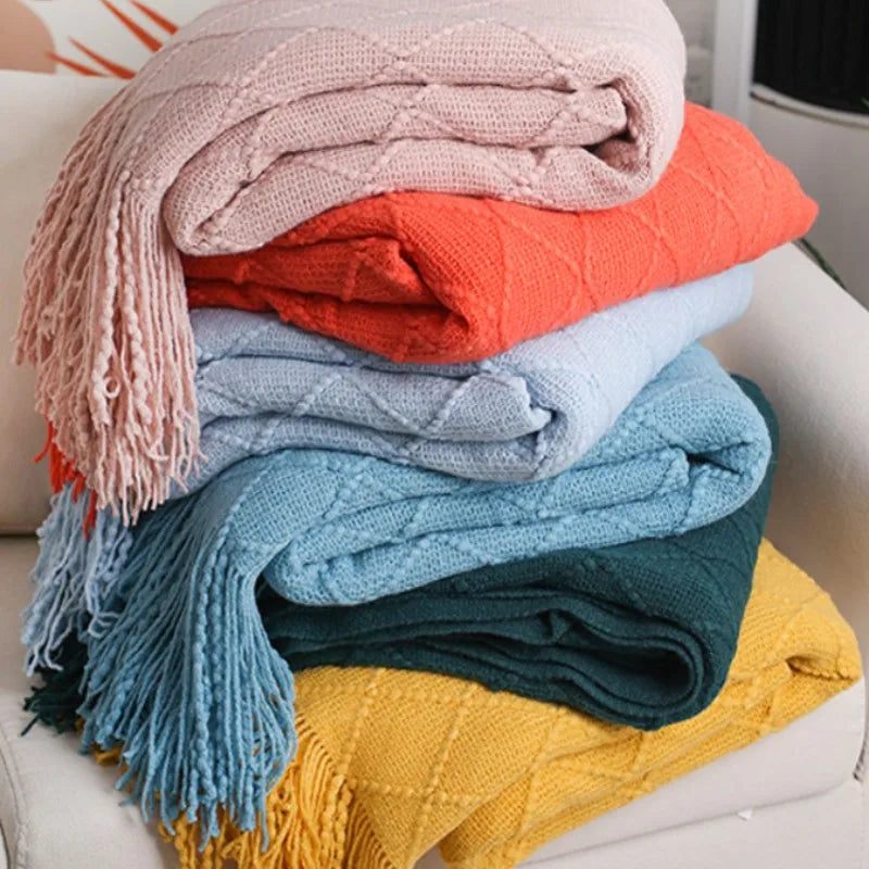 Soft Knit Boho Throw Blanket – Lightweight Acrylic Travel & Home Decor Accent with Fringe