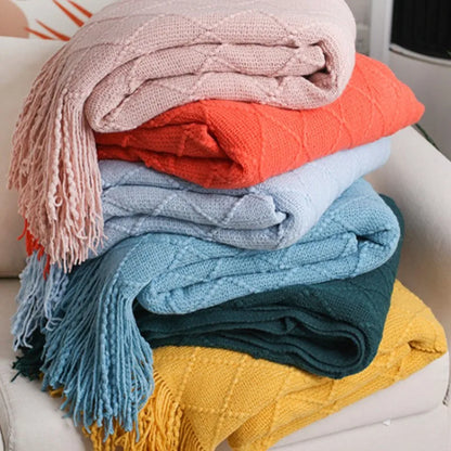 Soft Knit Boho Throw Blanket – Lightweight Acrylic Travel & Home Decor Accent with Fringe