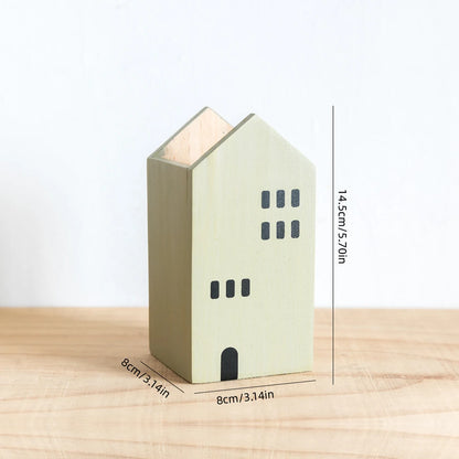 🏡 Boho Wooden Cartoon House Pen Holder – Handcrafted Desk Organizer for Office, Makeup & Home Decor