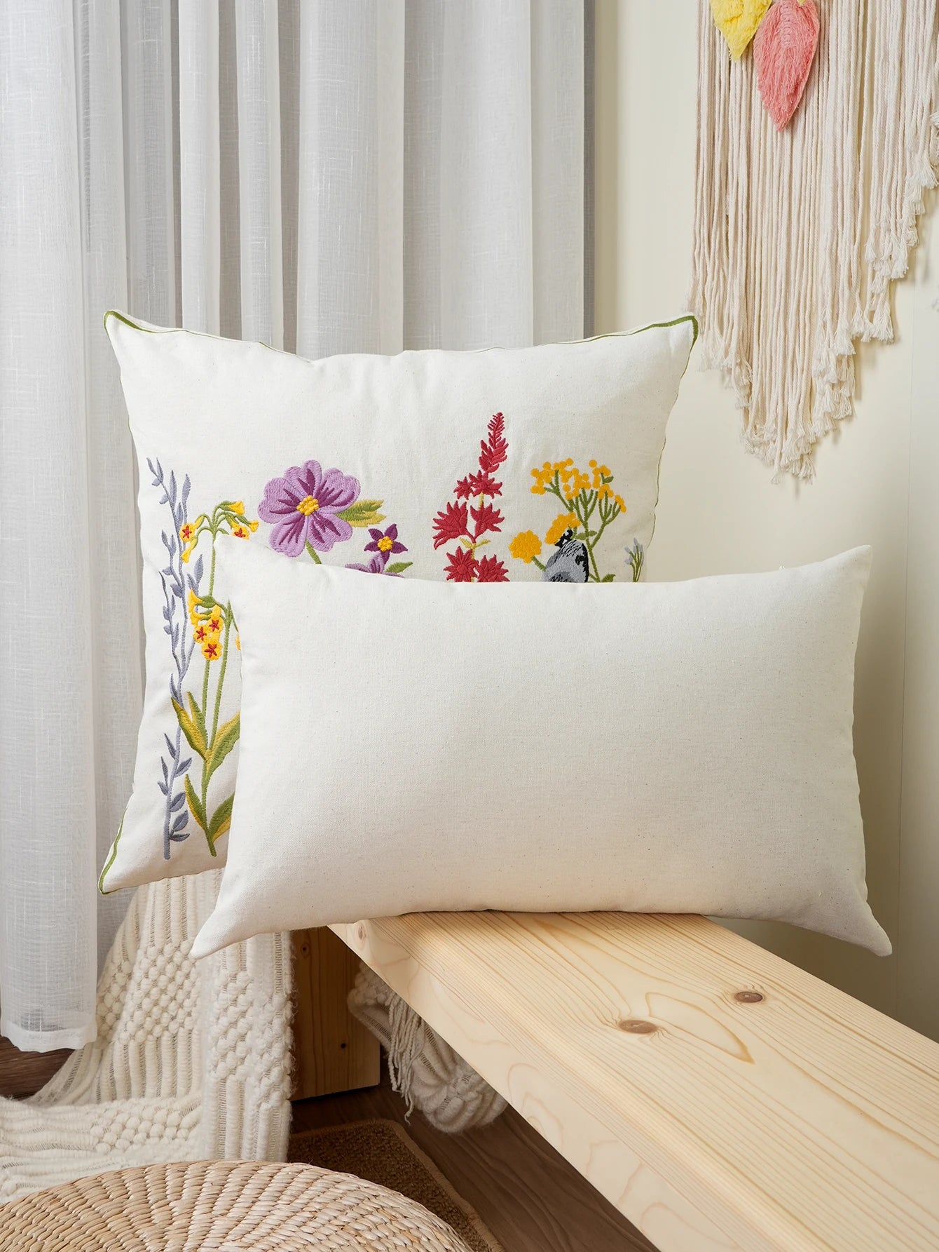 Floral Birds Embroidered Throw Pillow Cover – Boho Home Decor Accent