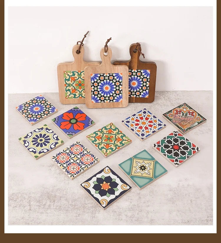 Decorative tiles with colorful patterns on a light surface