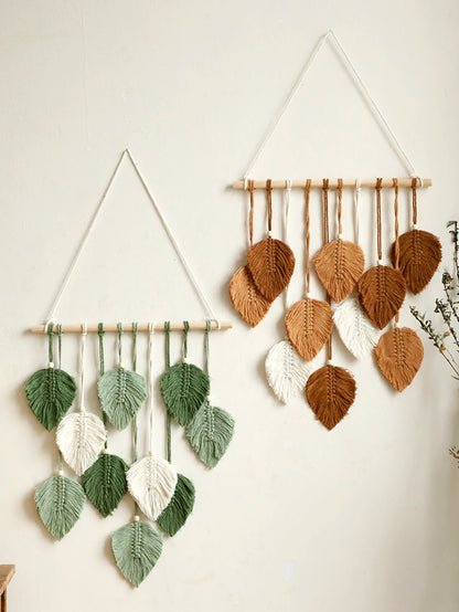 Leaf Macrame Wall Tapestry – Boho Cotton Wall Hanging in Green or Brown