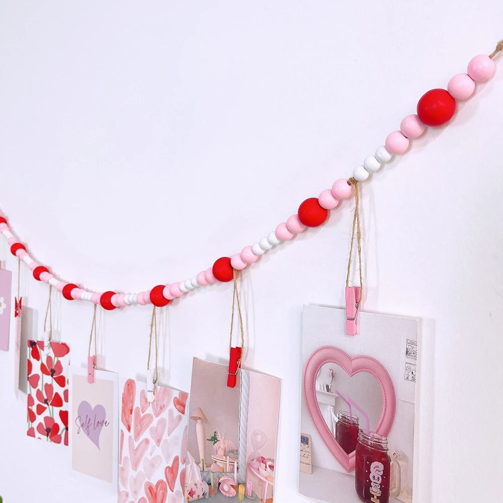 Boho Wall Hanging Photo Display with Wooden Beads & Clips – Rustic Collage Picture Holder Decor