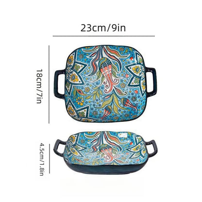 Boho Double-Ear Ceramic Pasta & Salad Plate – Square Oven-Safe Serving Dish