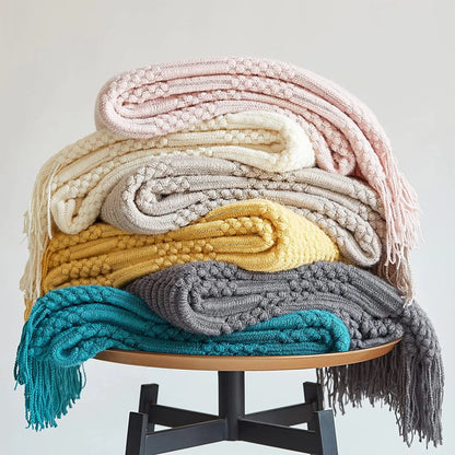 Soft Knit Boho Throw Blanket – Lightweight Acrylic Travel & Home Decor Accent with Fringe
