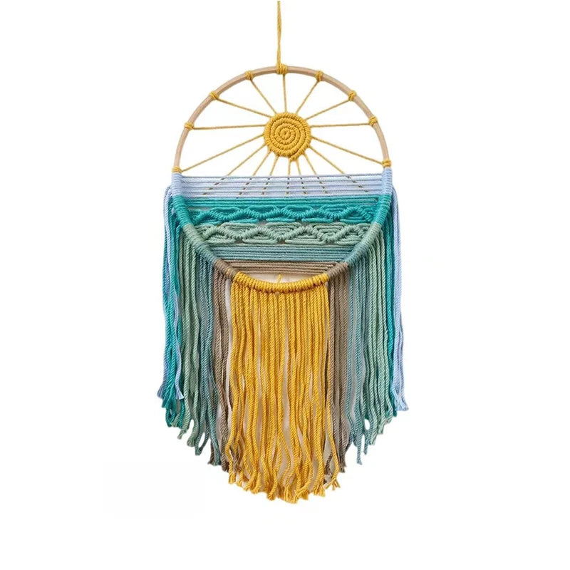 Sunrise & Sunset woven boho wall hanging displayed on wall, Nordic style cotton tapestry featuring warm earthy tones, perfect for boho home decor and eclectic interior design ideas, adds cozy bohemian vibes and textured aesthetic home decor to any living room or bedroom.