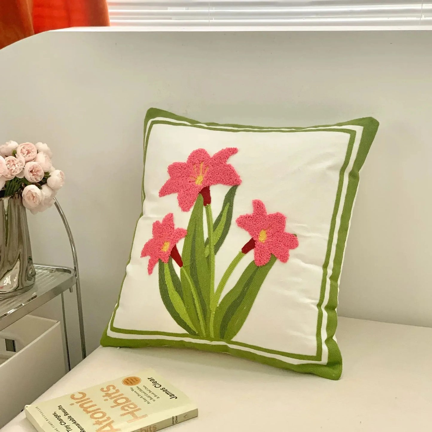 Flower Embroidered Plush Throw Pillow Cover – Minimalist Boho Cushion for Sofa, Bed, or Chair | 18x18 Inch | Garden-Inspired Housewarming Gift