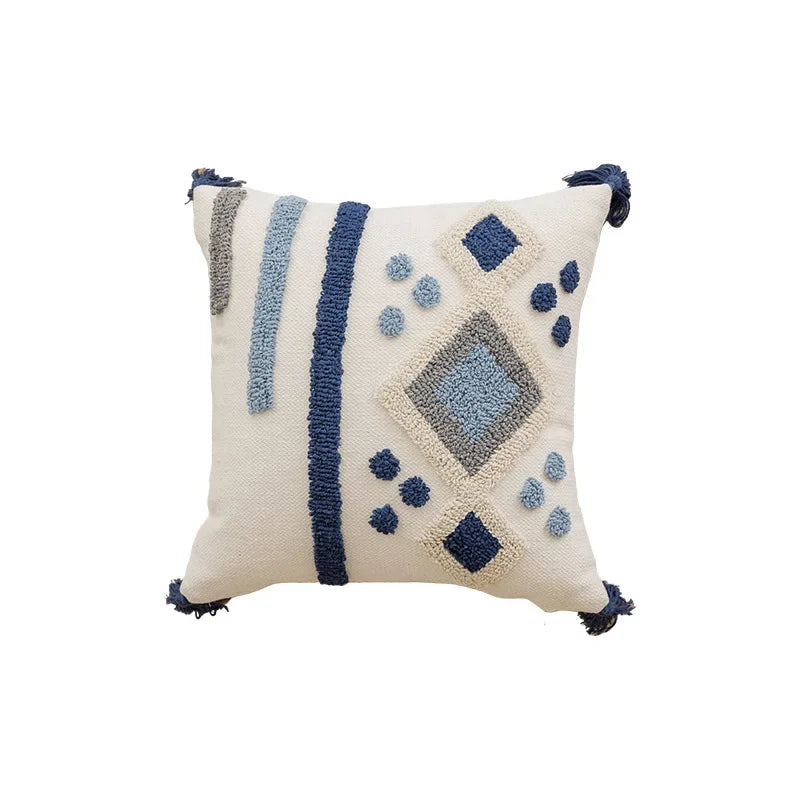 Decorative pillow with geometric pattern on a white background Nordic blue tufted cushion cover with geometric stripe and grid crochet pattern, tassel pillow cover for sofa, bed, and boho home decor