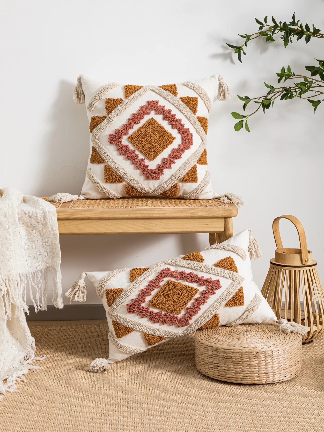 Geometric Tufted Pillow Cover With Tassels – Boho Home Decor Accent for Couch, Bed & Living Room