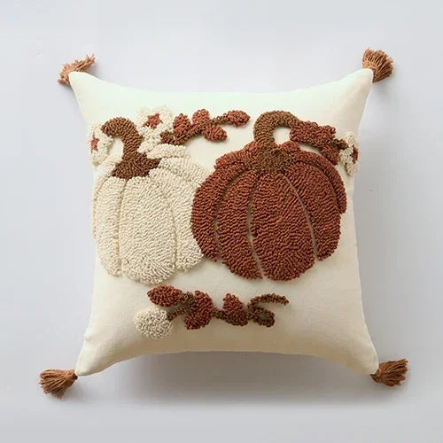 Decorative pillow with embroidered pumpkins on a plain background Orange tufted pumpkin throw pillowcase for autumn boho home decor