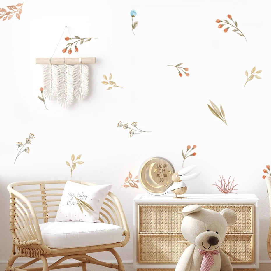 Boho Floral Leaf Wall Stickers – Removable 3D Vinyl Decals for Kids' Nursery & Home Decor - Neutral Flowers