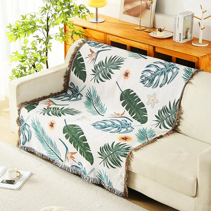 Boho Tassel Throw Blanket Leaves