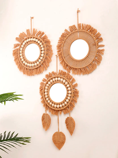 Boho Round Macrame Wall Mirror – Handwoven Decorative Hanging Mirror