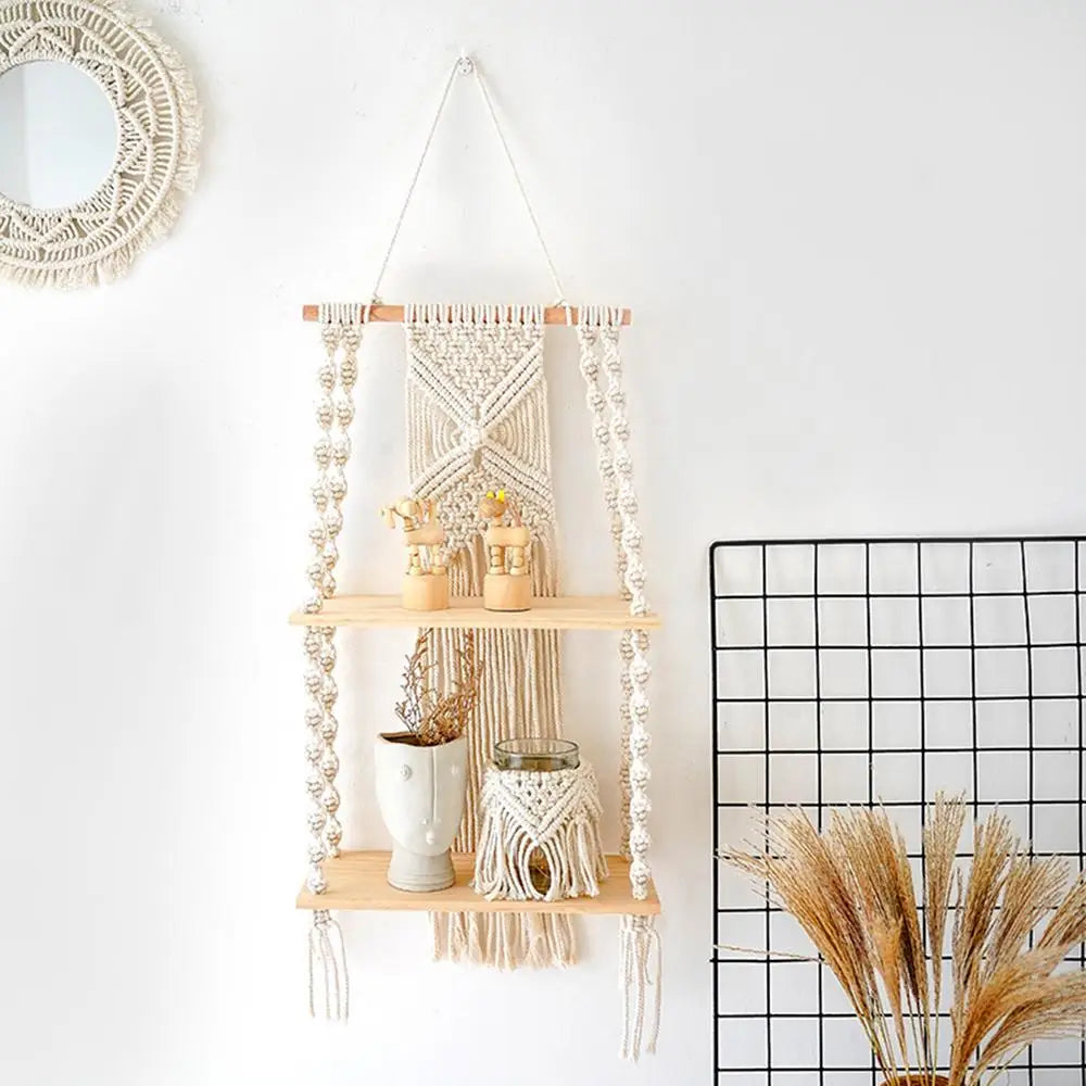 2 Tier Macrame Wall Hanging Floating Shelf Natural Cotton Rope Boho Home Decor Wooden Shelves Candle Holder Hangings Shelving