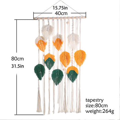 Decorative tapestry with leaf patterns and measurements on a white background