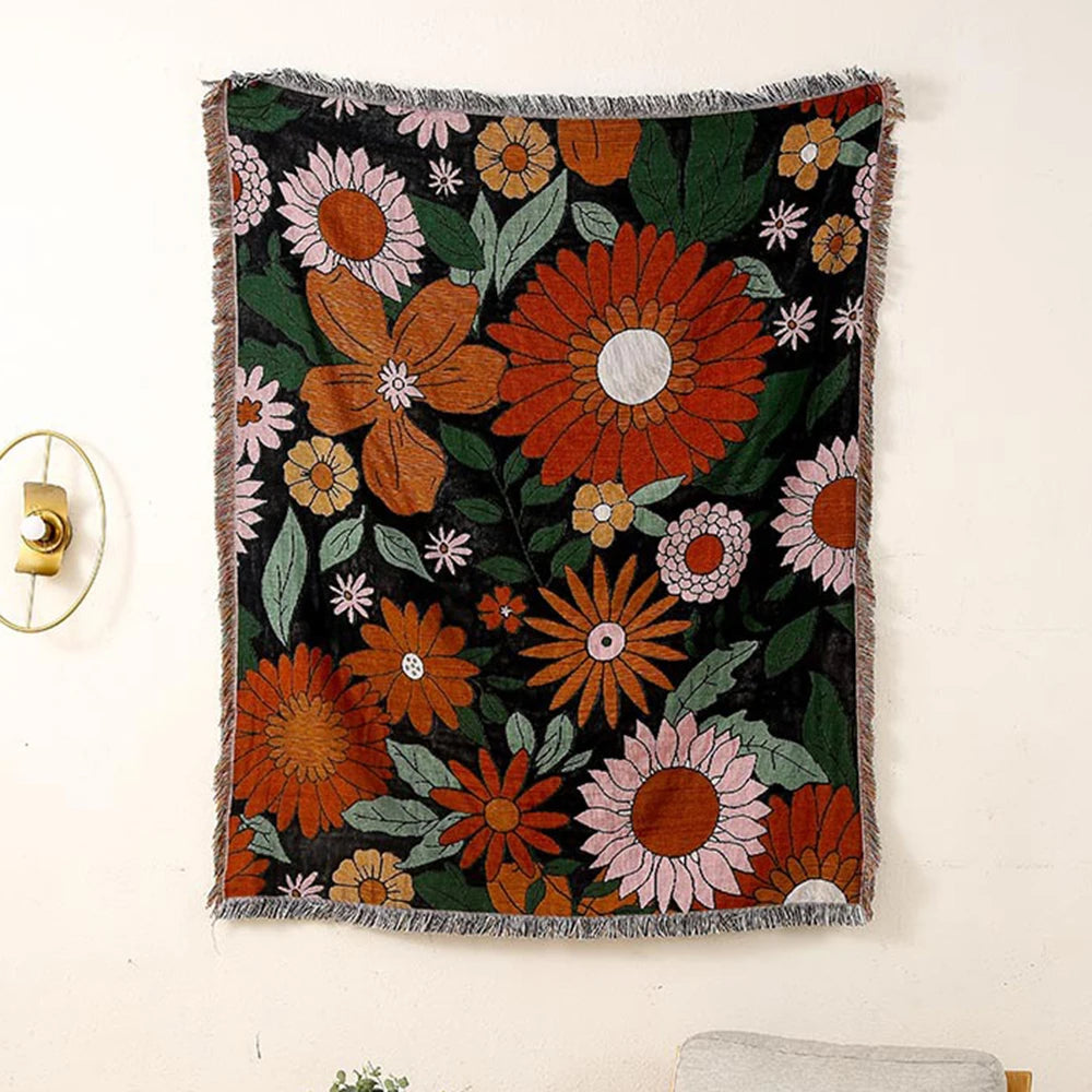 Floral Sunflower Yarn Dyed Throw Blanket for Sofa Couch Bed Blankets Picnic Mat Art Decor Tapestry Home Boho