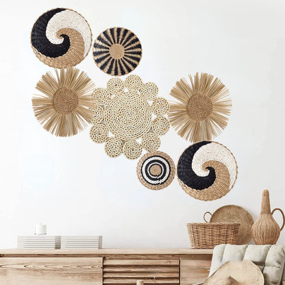 Straw Woven Wall Decoration Boho Rattan Wall Basket Decor Round Grass Weaving Ornament Rustic Seagrass Flat Hoom Hanging Crafts Fruit Bowl Wall Art for Boho Home Decor