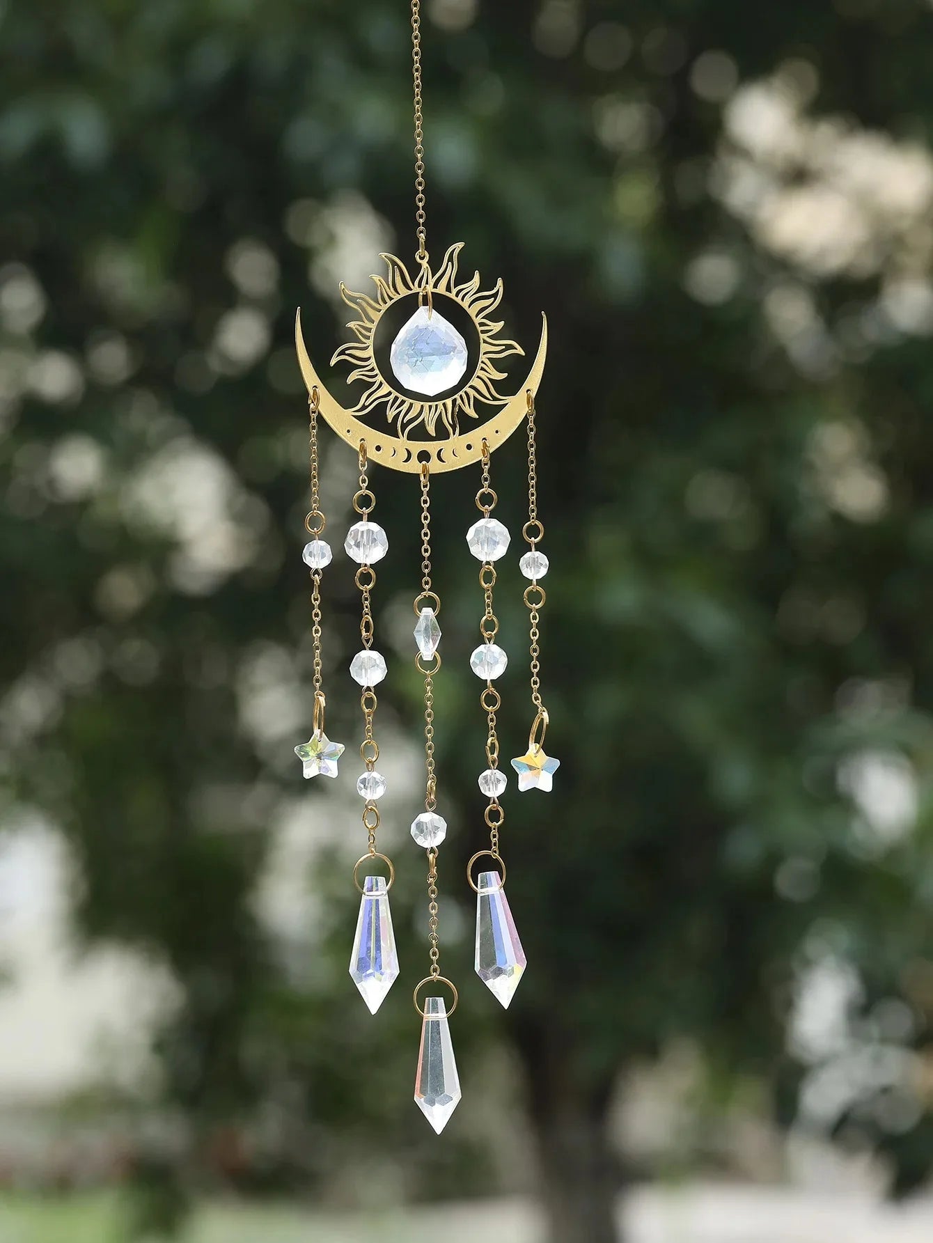 ✨ Gold Flame Moon Crystal Suncatcher – Outdoor Hanging Ornament for Garden & Window Decor