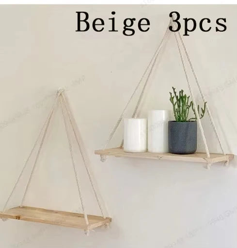 1Pc or 3Pcs Wooden Swing Hanging Hemp Rope Wall Shelf Mounted Floating Home Living Room Plant Flower Pot Tray Storage Garden Decoration Shelves Boho Home Decor Wall Art