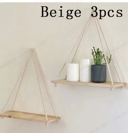 1Pc or 3Pcs Wooden Swing Hanging Hemp Rope Wall Shelf Mounted Floating Home Living Room Plant Flower Pot Tray Storage Garden Decoration Shelves Boho Home Decor Wall Art