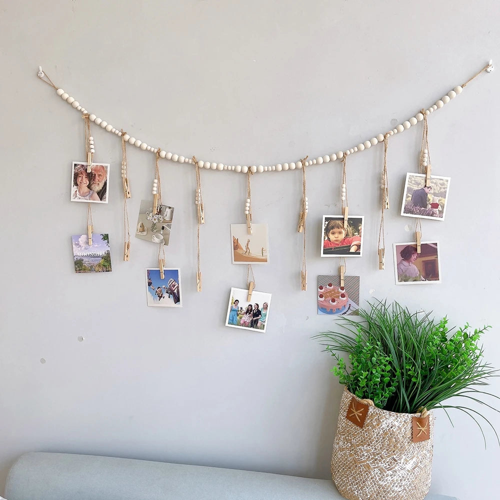 Boho Wall Hanging Photo Display with Wooden Beads & Clips – Rustic Collage Picture Holder Decor