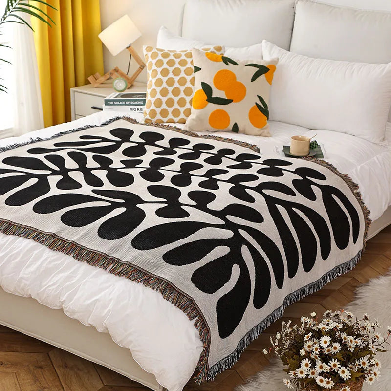 Boho Tassel Throw Blanket Abstract Vines