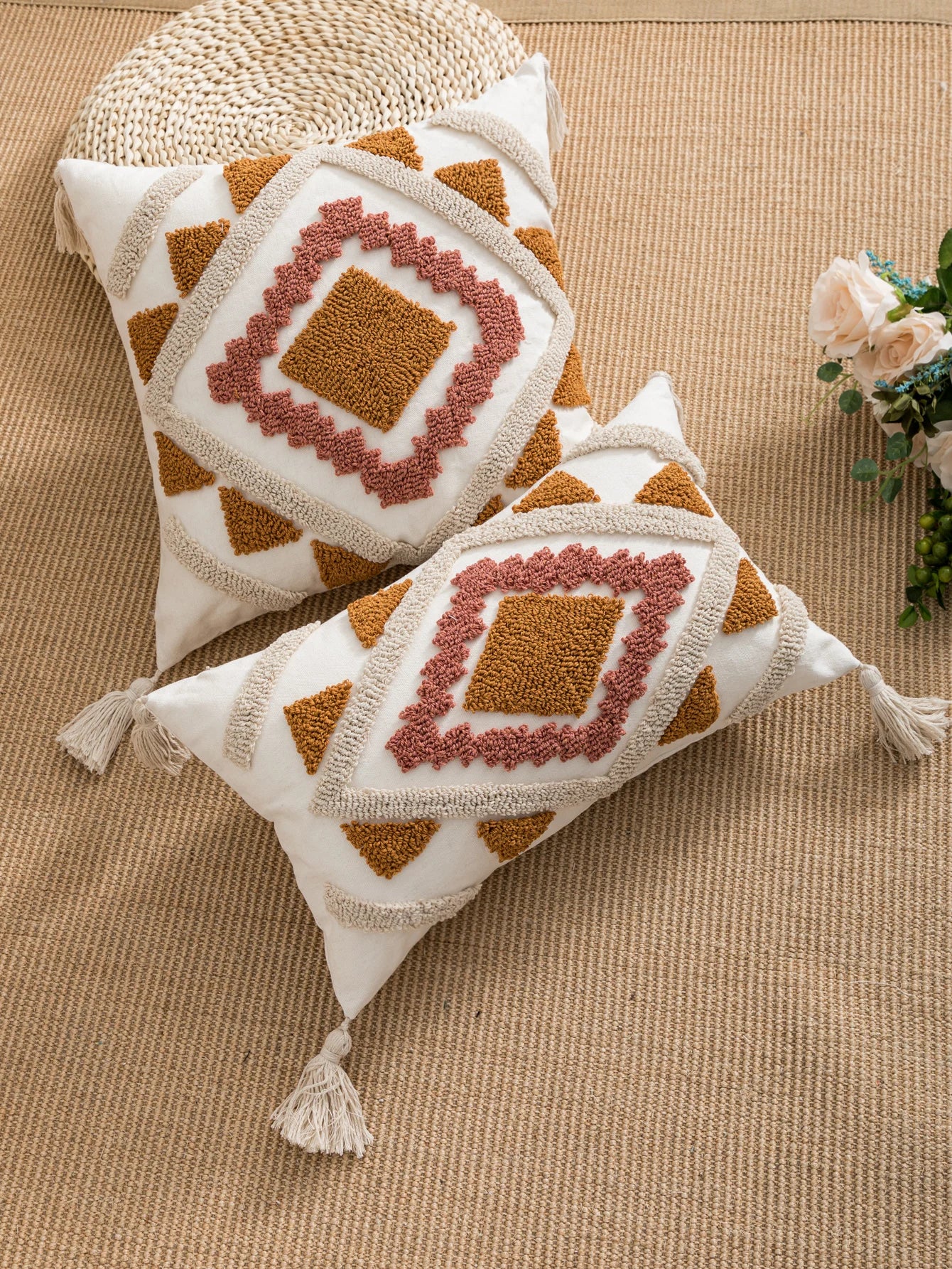 Geometric Tufted Pillow Cover With Tassels – Boho Home Decor Accent for Couch, Bed & Living Room