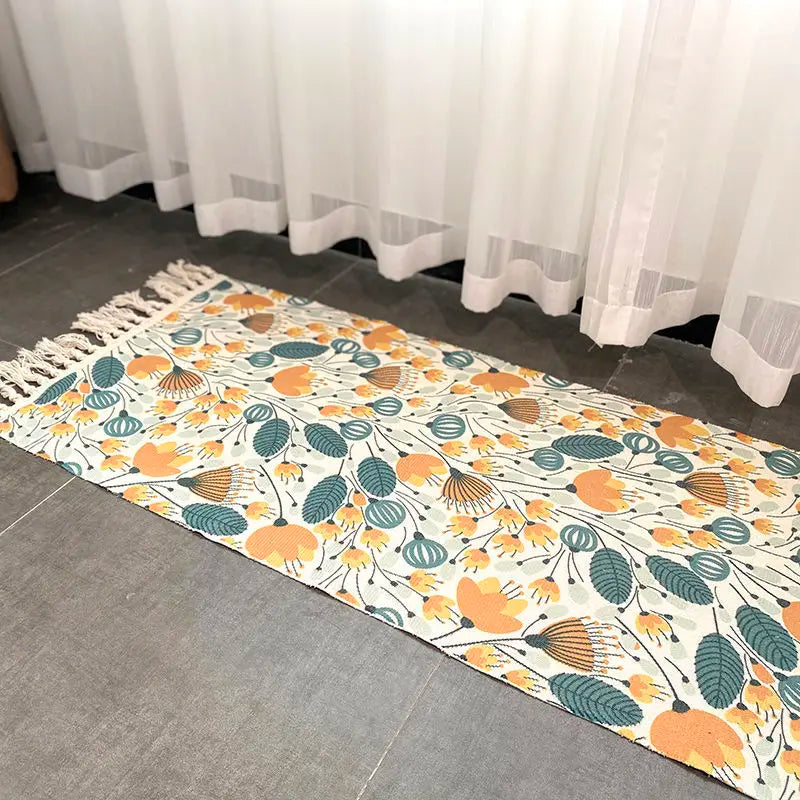 Boho Cotton Woven Leaves Geometric Rug – Anti-Slip Floor Mat for Living Room, Bedroom & Entryway