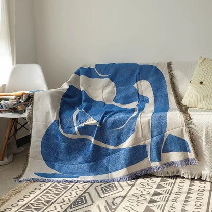 🌿 Blue Leaf Embroidered Throw Blanket – Boho Home Decor with Tassels | Sofa Blanket, Tapestry, Wall Hanging & Housewarming Gift