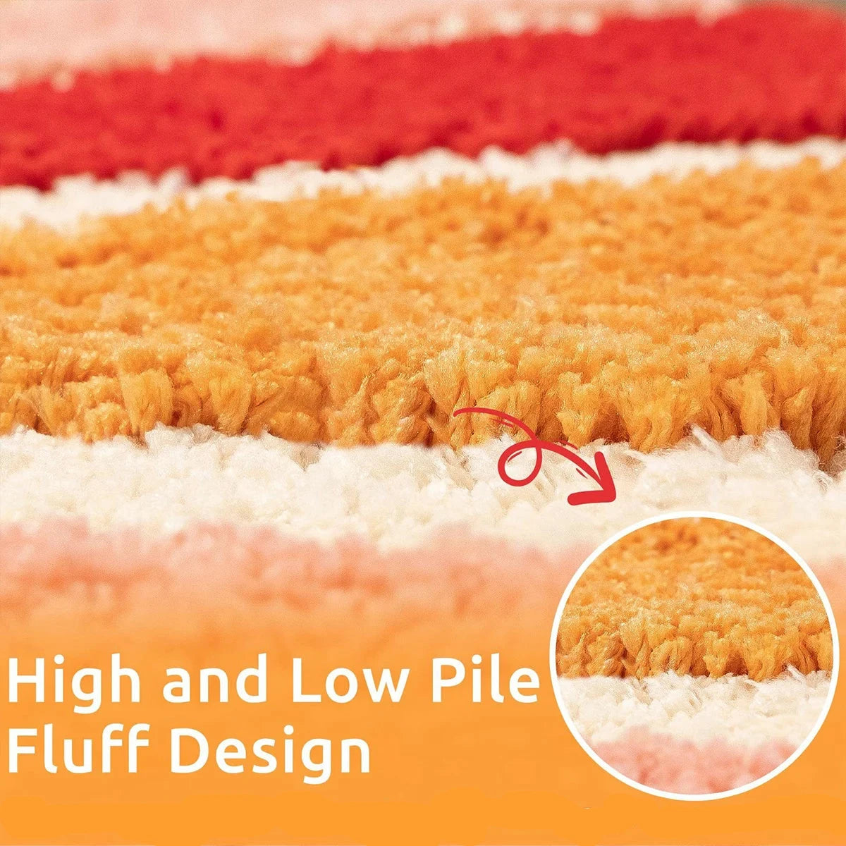 Close-up of a rug with high and low pile fluff design, showing texture details. boho home decor, sunflower door mat, half circle rug, plush entry mat, non-slip bath mat, boho floor mat, floral floor rug, bathroom rug, farmhouse decor, cozy home gift, housewarming gift, living room mat, pastel home accents, cute doormat