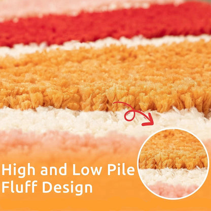 Close-up of a rug with high and low pile fluff design, showing texture details. boho home decor, sunflower door mat, half circle rug, plush entry mat, non-slip bath mat, boho floor mat, floral floor rug, bathroom rug, farmhouse decor, cozy home gift, housewarming gift, living room mat, pastel home accents, cute doormat