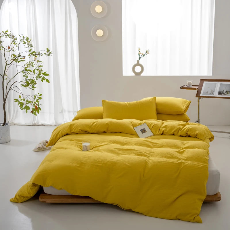 Mustard Yellow Boho Minimalist Washed Cotton Duvet Cover – Soft, Breathable & Cozy Quilt Cover for Home 