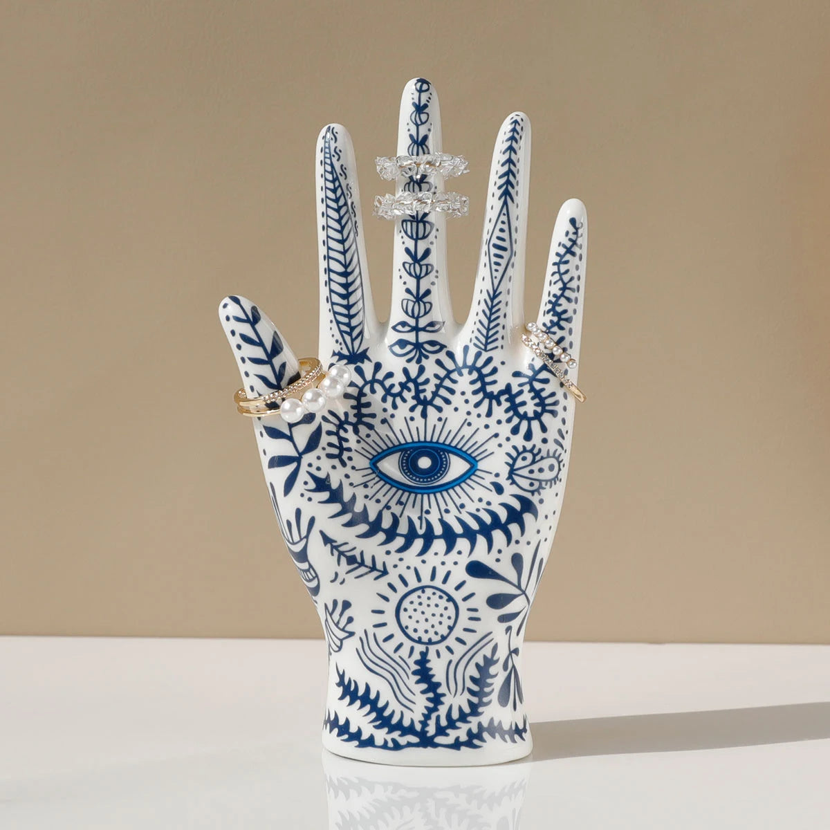 Ceramic Evil Eye Hand Jewelry Holder – Boho Display Stand for Rings, Bracelets & Necklaces