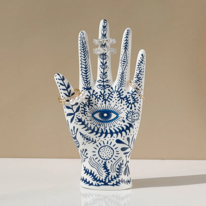 Ceramic Evil Eye Hand Jewelry Holder – Boho Display Stand for Rings, Bracelets & Necklaces