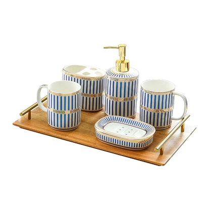 Ivory Porcelain & Gold-Plated Ceramic Bathroom Set – Pink Stripes