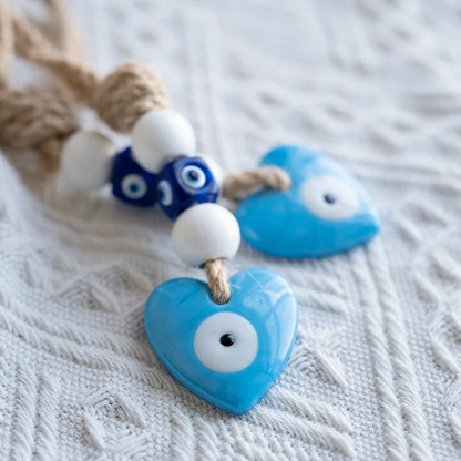 🧿 Evil Eye Glass Wall Hanging with Braided Rope – Handmade Mediterranean Charm