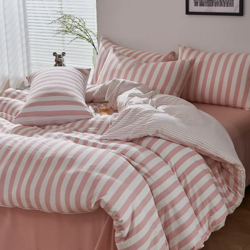 Boho Striped Microfiber Bedding Set – 4-Piece Soft & Cozy Duvet Cover Set with Pillowcases & Flat Sheet