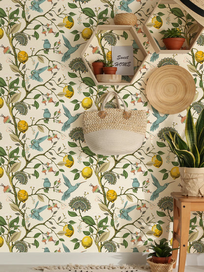 Boho Garden-Inspired Waterproof Wallpaper – Self-Adhesive Lemon, Floral & Hummingbird Wall Sticker for Boho Home Decor