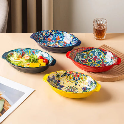 Bohemian Egg-Shaped Ceramic Baking Plate – 9" Colorful Oval Pasta, Salad & Fruit Dish
