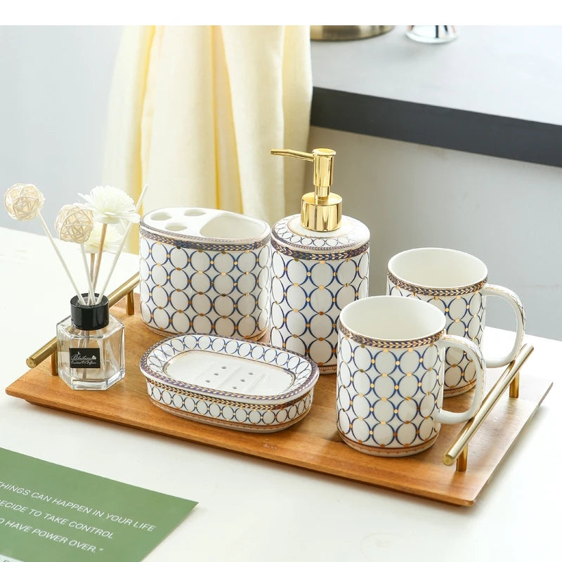 Ivory Porcelain & Gold-Plated Ceramic Bathroom Set – Pink Stripes