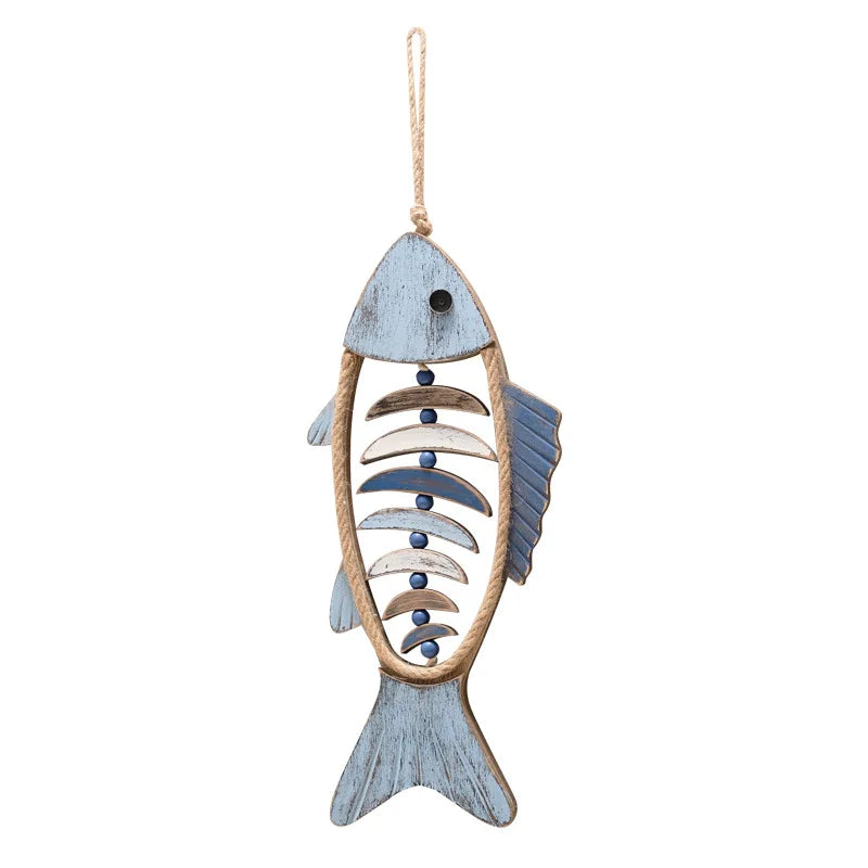 Decorative fish-shaped ornament with a skeleton design on a white background boho home decor, coastal home accents, nautical wall hanging, wooden fish wall decor, Mediterranean decor, beach house decoration, rustic fish ornament, vintage boho living room decor, seaside wall art, summer housewarming gift