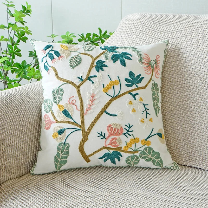 Embroidered Flower Throw Pillow Covers – Boho Cotton Cushion Covers for Bed, Sofa & Home Decor Housewarming Gift for Boho Lover 
