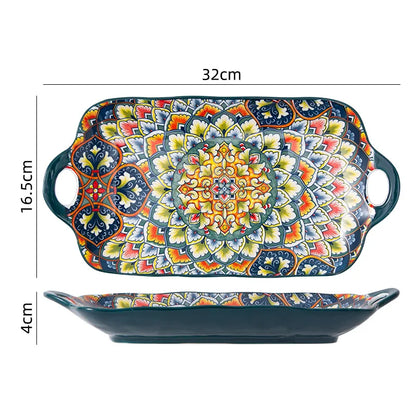 Boho Floral Green Ceramic Plate or Bowl – Retro Dinnerware for Breakfast, Salad, or Soup