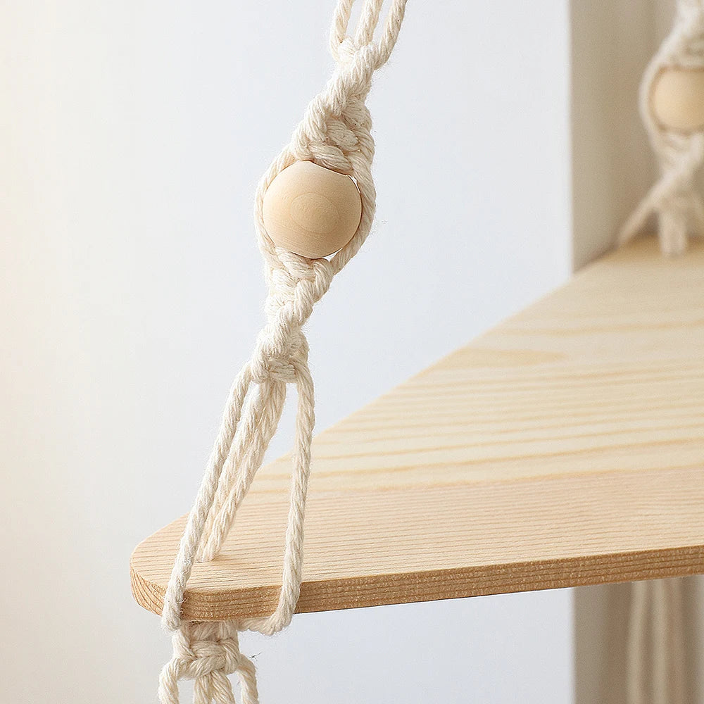 Boho Macrame Hanging Wooden Shelf – Handcrafted Floating Wall Shelf for Home Decor