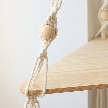 Boho Macrame Hanging Wooden Shelf – Handcrafted Floating Wall Shelf for Home Decor