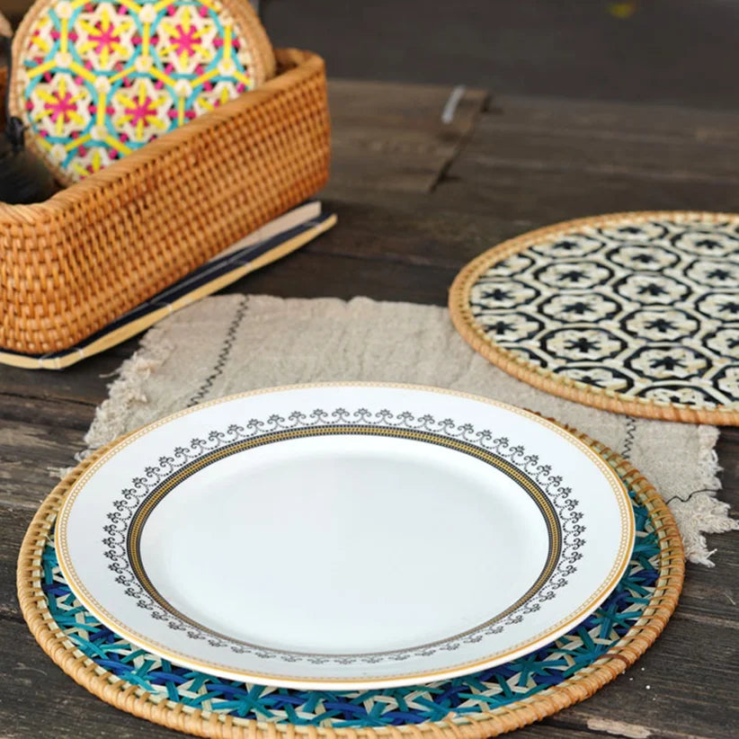 Hand-Woven Bamboo Boho Placemats – Round Rattan Table Mats for Rustic Kitchen